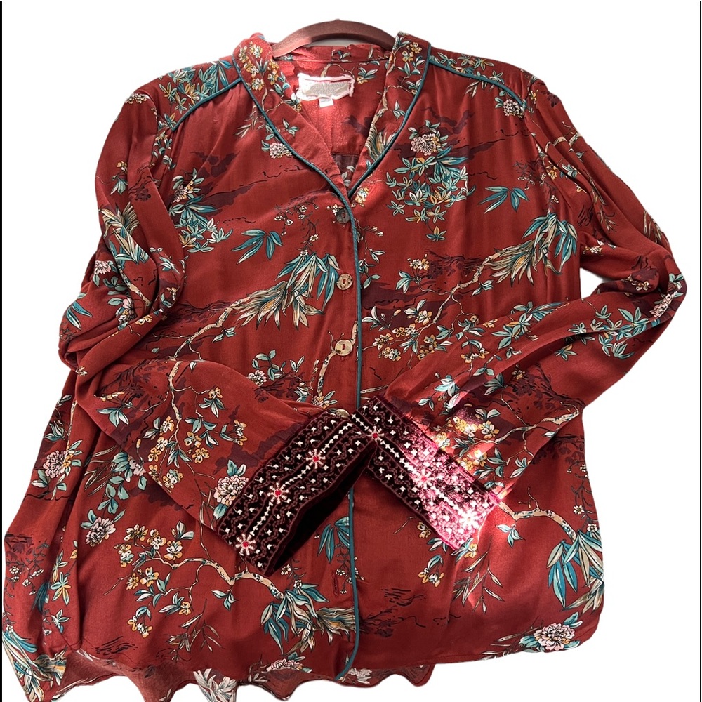 Johnny Was Burgundy Floral Button Down Shirt